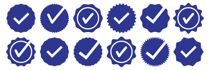 Blue Verified badge icon set. Set of check mark icons. Blue tick social media. Blue check mark icon. Social media account verification icons. eps 10