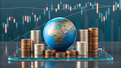 Global finance growth with stacked coins globe stacks