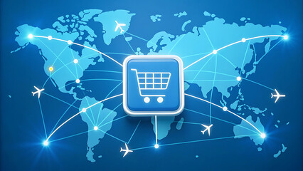 Global shopping cart network shopping cart icon world map