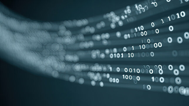 Binary code flowing in digital data stream with blue background