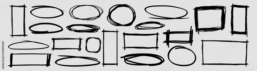 Poster collection of hand-drawn shapes including ovals and rectangles. sketchy ovals and rectangles in vari