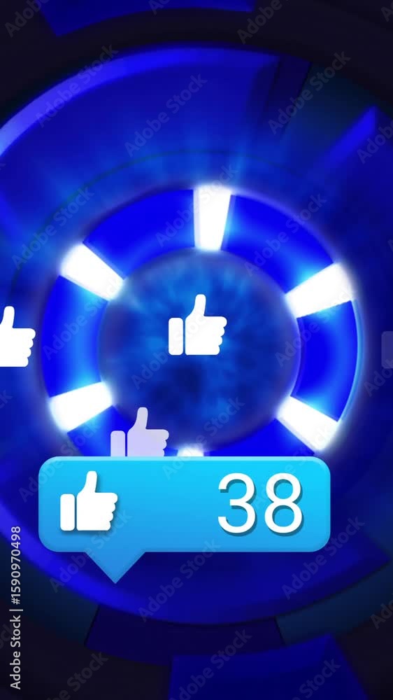 Poster thumbs up icons and 38 text over blue circular animation background