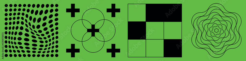 Poster abstract black and white patterns featuring dots, crosses, and geometric shapes. patterns include do