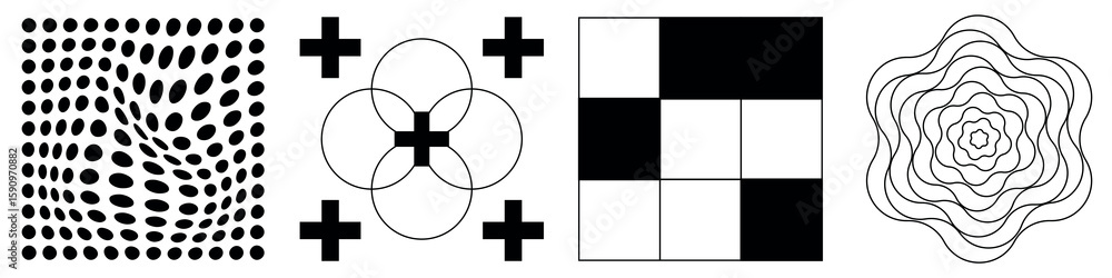 Poster abstract black and white patterns featuring dots, crosses, and geometric shapes. patterns include do