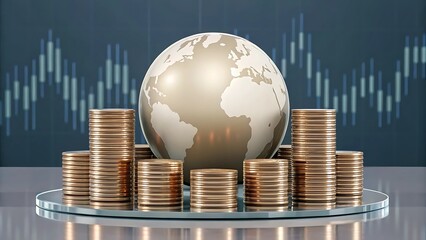 Golden globe surrounded by stacked coins on reflective surface