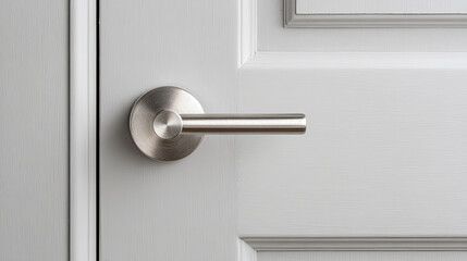 Modern silver door handle on white door with clean design