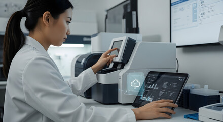 Scientist using lab equipment and tablet for data analysis.