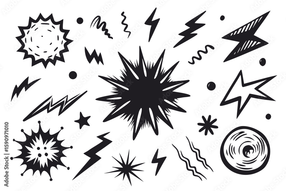 Aufkleber hand-drawn explosion elements and lightning bolts create a dynamic design, perfect for adding an ene