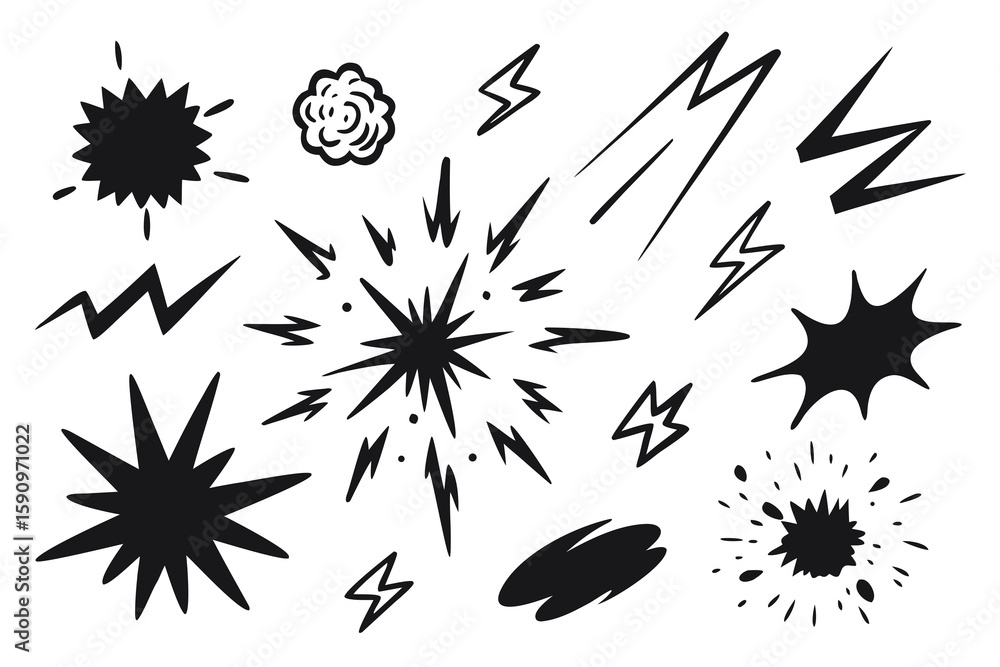 Aufkleber dynamic set of expressive burst shapes and flash elements creating exciting designs for cartoons or 