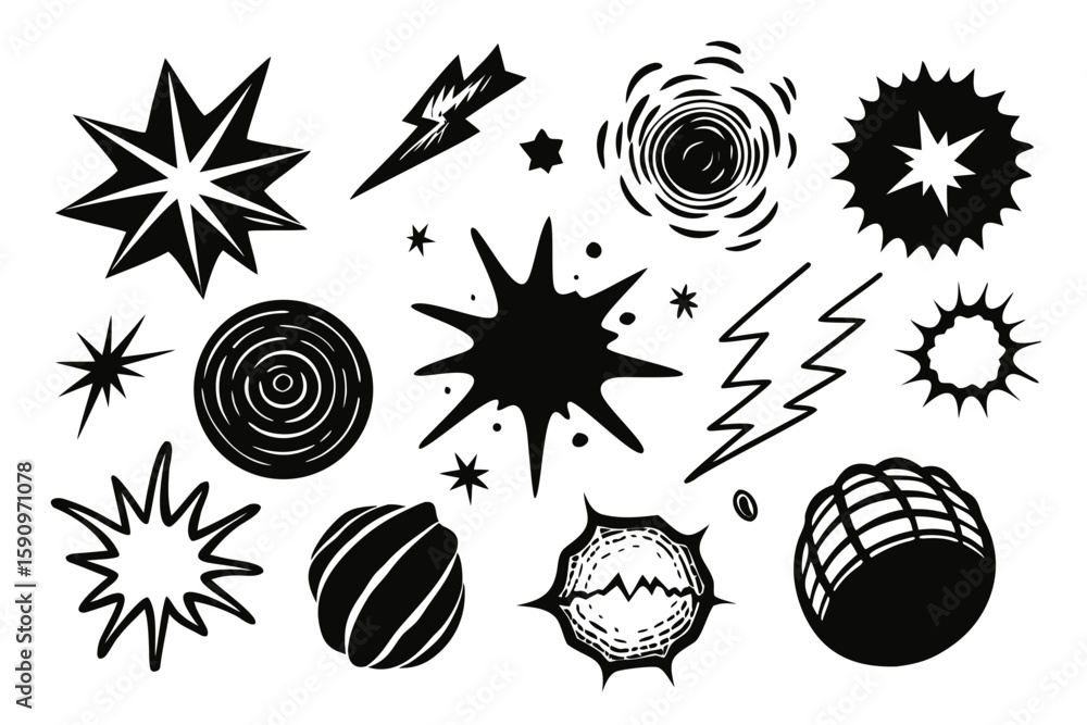 Aufkleber collection of abstract explosion graphics in black and white, suitable for use as design elements, i