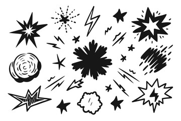 Assorted sketchy bursts and star shapes create a dynamic graphic, perfect for adding emphasis or a playful touch to design projects.