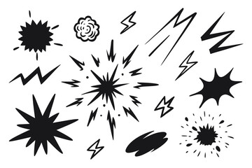 Dynamic set of expressive burst shapes and flash elements creating exciting designs for cartoons or comic effects.
