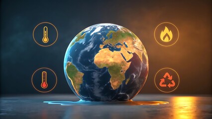 Melting planet with climate icons earth globe