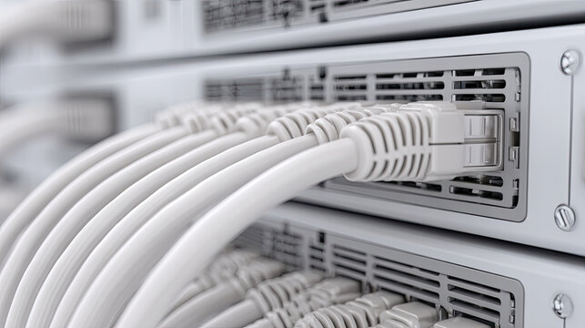 Network cables connected to server rack in data center - Powered by Adobe