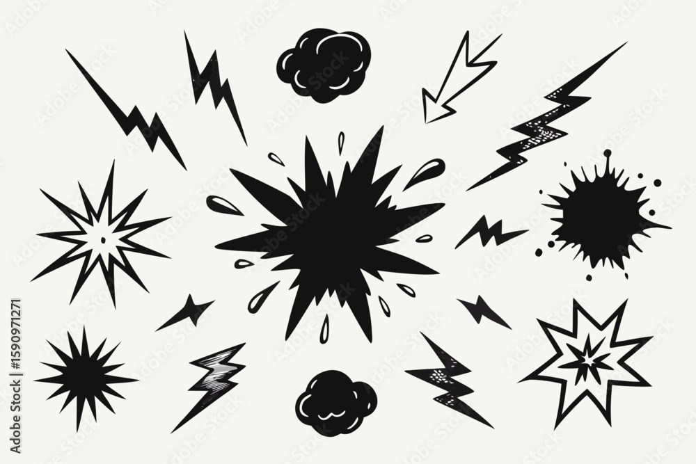 Aufkleber collection of explosion, lightning, and cloud doodle elements creates a dynamic and versatile resour