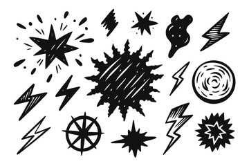 Hand-drawn design elements featuring stars, lightning bolts, and abstract shapes for creative projects, perfect for adding a whimsical touch to your graphics.