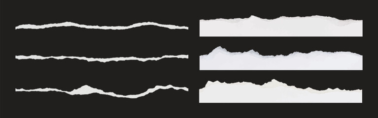 Set of torn paper edges on black background. Torn paper and paper edges create a textured, layered look. Torn paper adds a dynamic, creative touch. Ripped element set. Vectors.