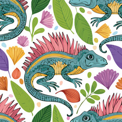 Fototapeta premium Spiny-Tailed Iguana Vector Illustration with Seamless Pattern Design
