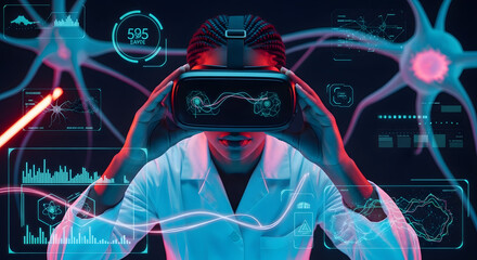 Scientist using VR headset neural network visualization.