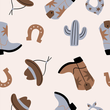 Заголовок: Cute Baby Cowboy accessories set. Western boots, shoes, hat, plants, animals.. American country fashion fo little kids. Flat style vector illustration. Baby Shower Cowboy seamless pattern