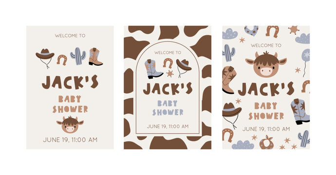 Заголовок: Cute Baby Cowboy accessories set. Western boots, shoes, hat, plants, animals.. American country fashion fo little kids. Flat style vector illustration. Baby Shower Cowboy cards