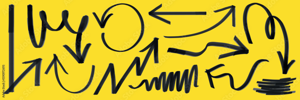 Poster a collection of black arrows and lines on a yellow background. arrows pointing in various directions