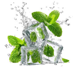 Mint And Ice Cubes Splashing In Refreshing Drink