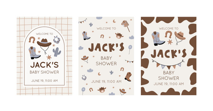 Заголовок: Cute Baby Cowboy accessories set. Western boots, shoes, hat, plants, animals.. American country fashion fo little kids. Flat style vector illustration. Baby Shower Cowboy cards - Powered by Adobe