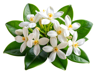 Fototapeta premium Cluster of Stephanotis Flowers with Green Leaves, Side Angle, Isolated.