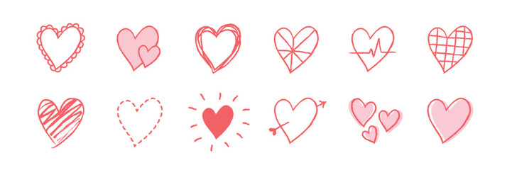 Collection of 12 red heart doodles. Each heart is unique, showcasing various styles. Hearts include patterns, and outlines. Perfect for love-themed projects. Cute hand drawn love doodle, set. Vectors.