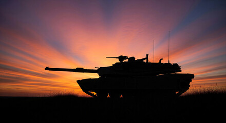 A tank silhouetted against a vibrant sunset, showcasing military power and a dramatic sky. Perfect for themes of defense, conflict, history, and beautiful yet powerful imagery.
