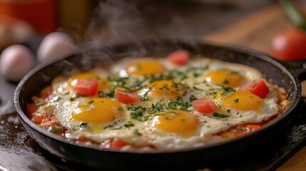 Delicious sunny-side up eggs with tomatoes and herbs.