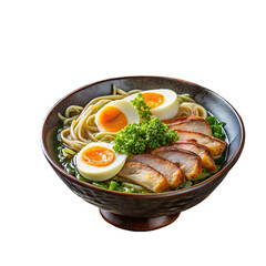 Delicious bowl of ramen noodles with pork and egg isolated on white isolated on transparent background