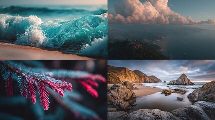 Four nature scenes ocean waves, cloudscape, frosted branch, and coastal rocks