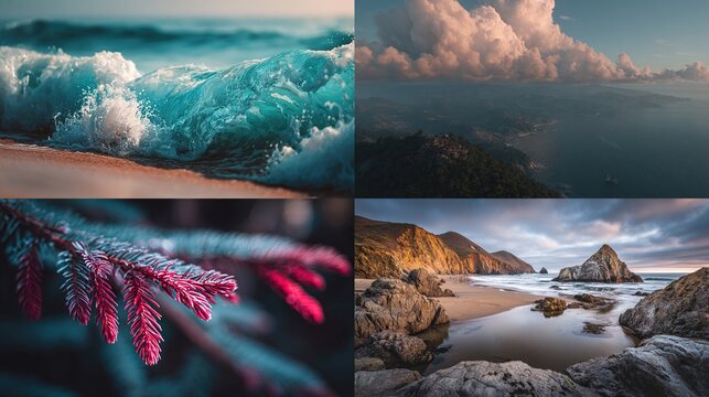 Four nature scenes ocean waves, cloudscape, frosted branch, and coastal rocks - Powered by Adobe