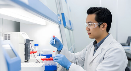 Scientist Working in Modern Laboratory with Blood Samples.