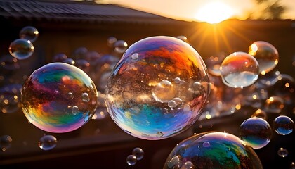 Soap bubbles in rainbow colors on a sunset background