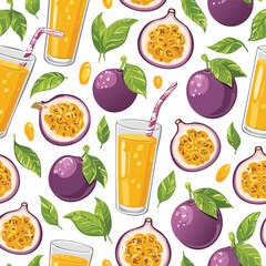 Passion Fruit Juice Vector Illustration with Seamless Pattern Design