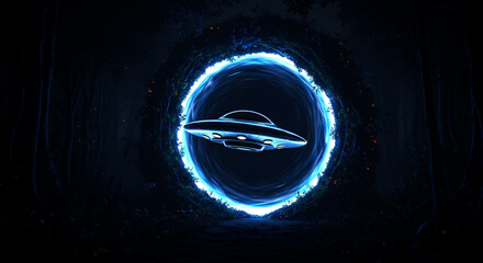 Alien spacecraft emerging from a glowing blue portal in the dark night sky