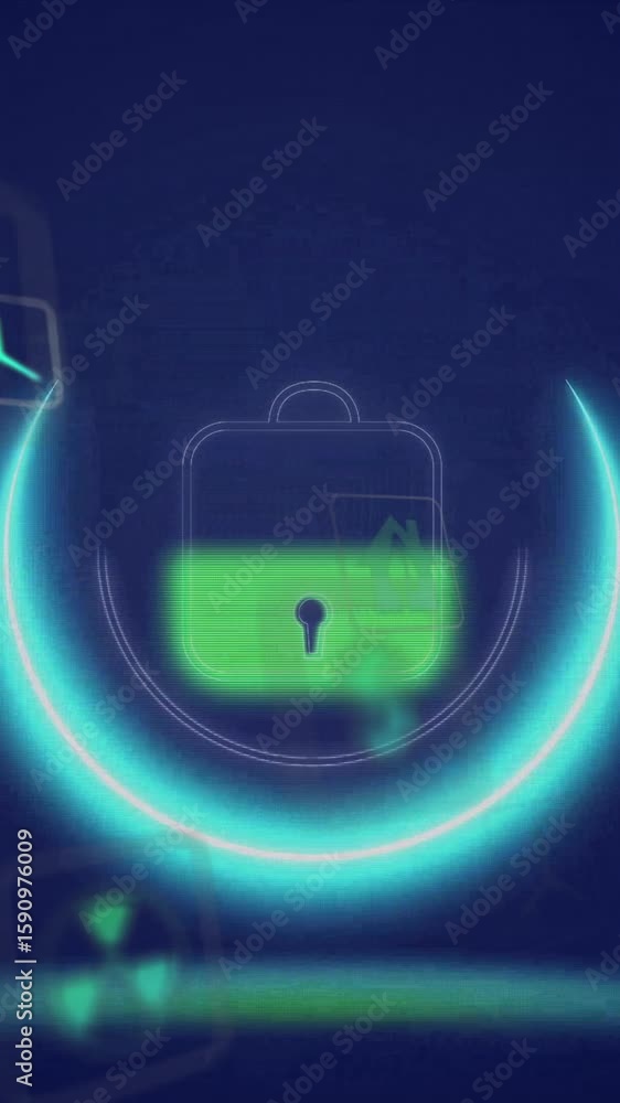 Poster lock and security icons with data protection animation over dark blue background