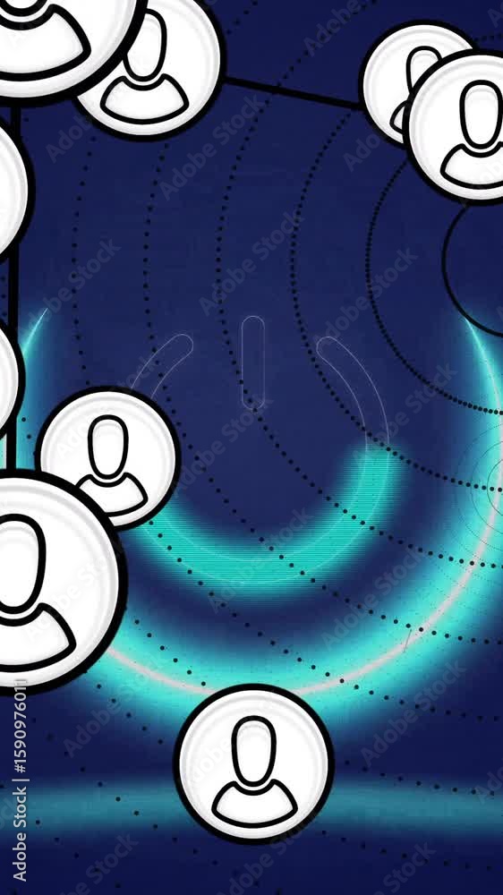 Poster user icons connected by lines, network connections animation over blue background
