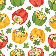 Stuffed Peppers Vector Illustration with Seamless Pattern Design
