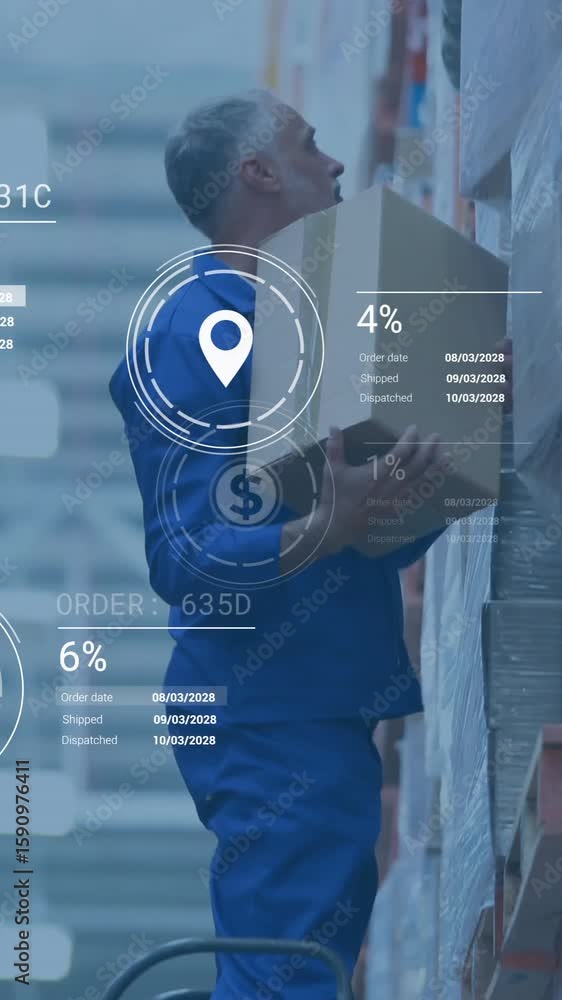 Poster warehouse worker organizing inventory with data analytics animation overlaid
