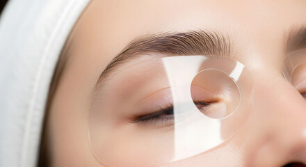 Closeup of an eye with a protective shield during a cosmetic procedure
