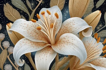 White and Gold Lily Flowers with Dark Background and Sparkle