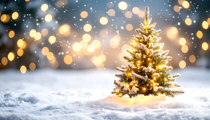 Obraz premium Small Lit Christmas Tree in Snowy Landscape with Golden Bokeh Lights