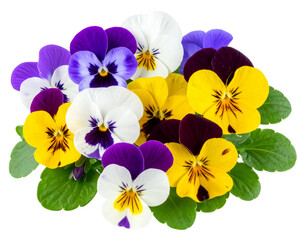 Cluster of Mixed Color Violas with Leaves, Side Angle View, Natural Arrangement, Isolated.