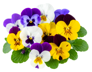 Cluster of Mixed Color Violas with Leaves, Side Angle View, Natural Arrangement, Isolated.