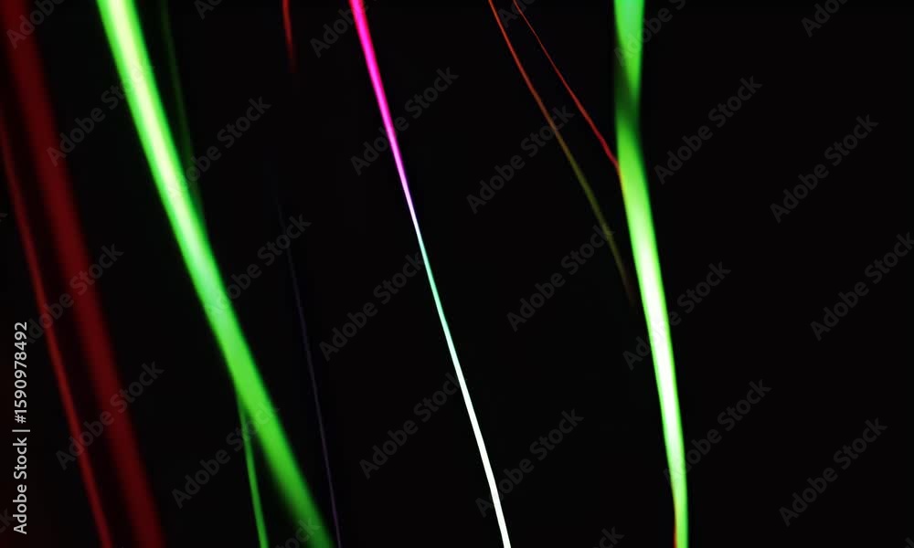 Poster a dark background with colorful light streaks on the left side of it. the streak lights have an abst