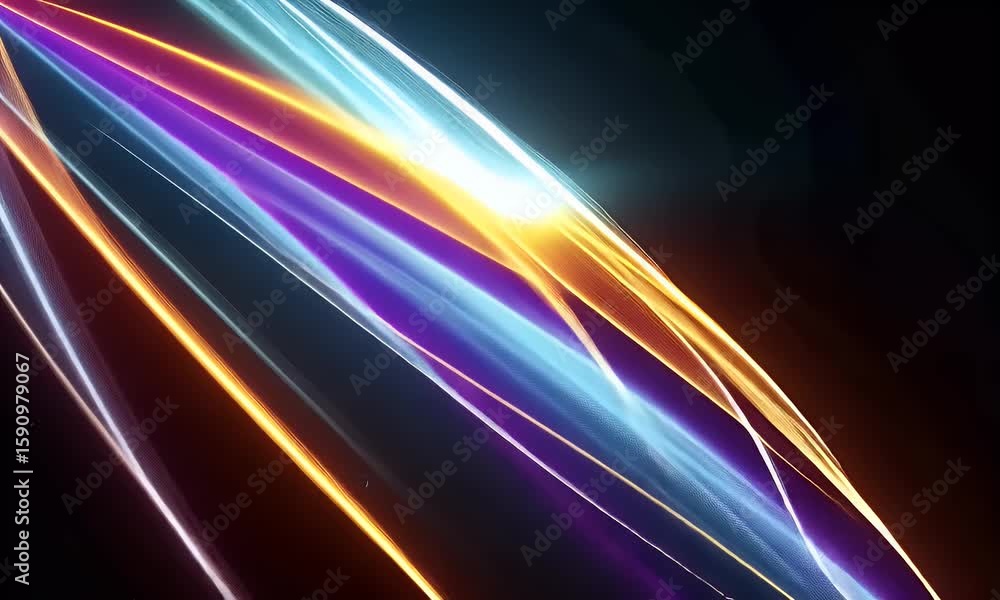 Poster a dark background with colorful light streaks on the left side of it. the streak lights have an abst